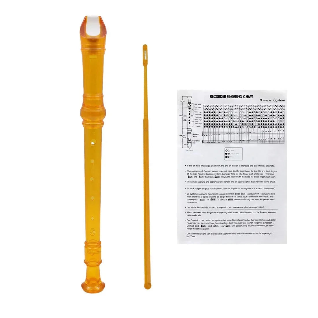 An orange 8-hole soprano recorder with a cleaning rod and a fingering chart.