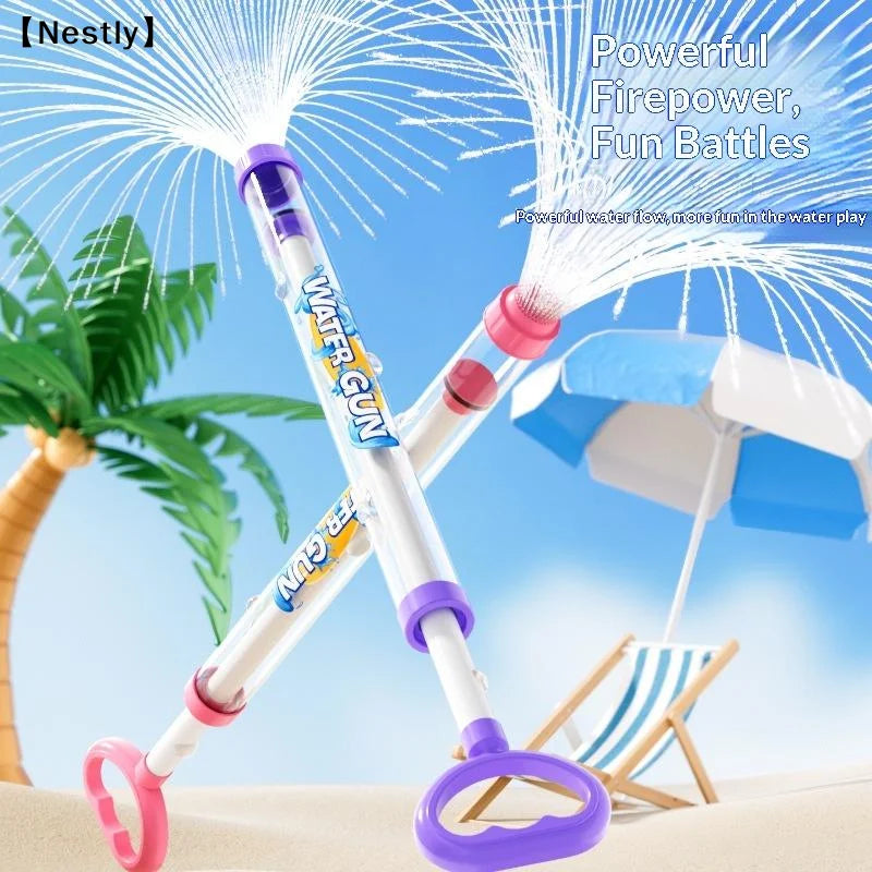 A purple and white water gun is shown firing a stream of water, set against a tropical background with a beach umbrella and l