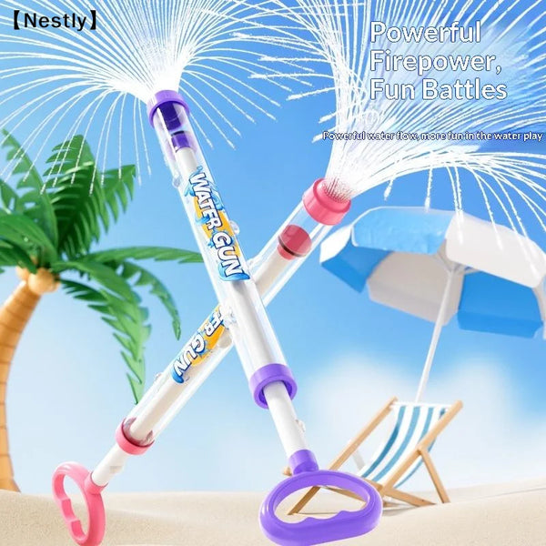 A purple and white water gun is shown firing a stream of water, set against a tropical background with a beach umbrella and l