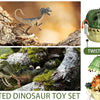 Jeu de dinosaures simulé avec une figurine de dinosaure vert et une boîte ouverte.