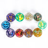 A set of seven polyhedral resin dice in various colors arranged in a circle.