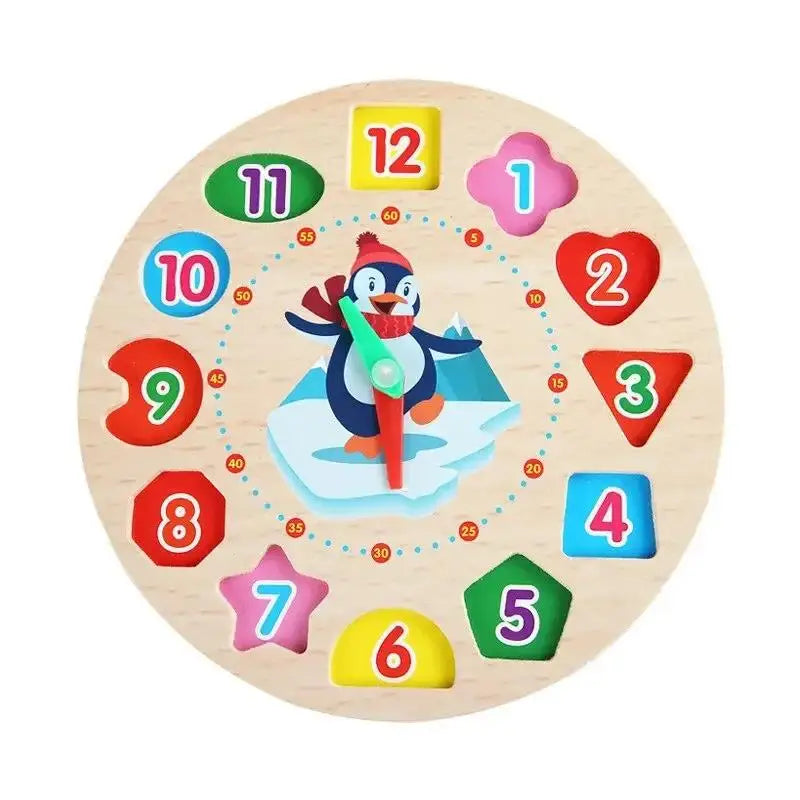 A wooden clock face with numbers and shapes, featuring a penguin figure pointing to the number one.
