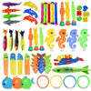 A collection of colorful diving toys and swimming pool games including various shapes and colors.