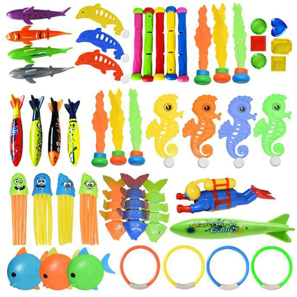 A collection of colorful diving toys and swimming pool games including various shapes and colors.