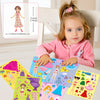 A young girl is holding a colorful DIY sticker puzzle set featuring princess and fairy themes.