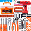 An orange toolbox set with various pretend play tools including drills, wrenches, and pliers for kids