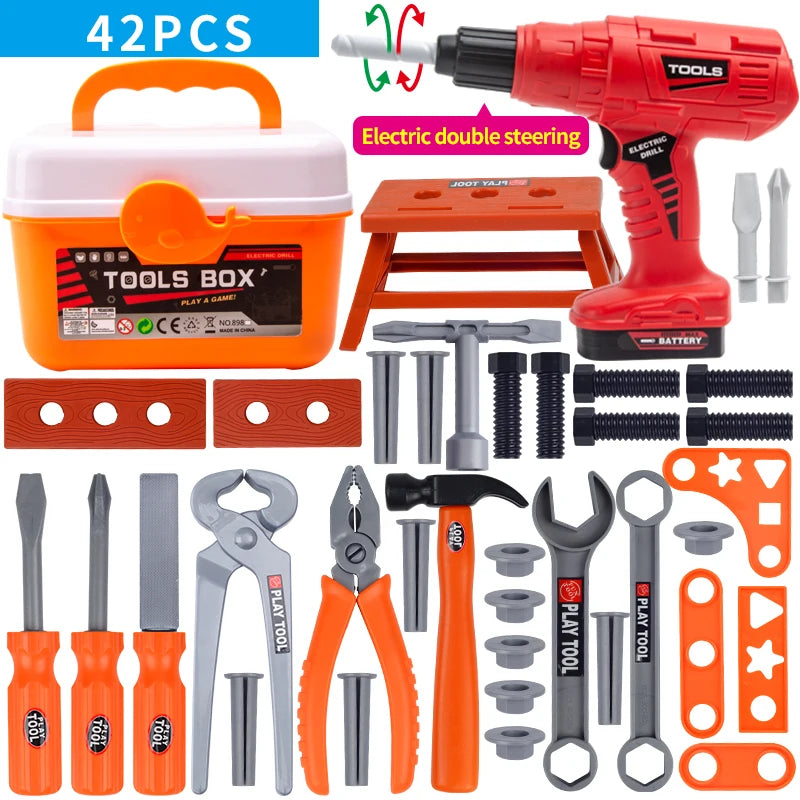 An orange toolbox set with various pretend play tools including drills, wrenches, and pliers for kids