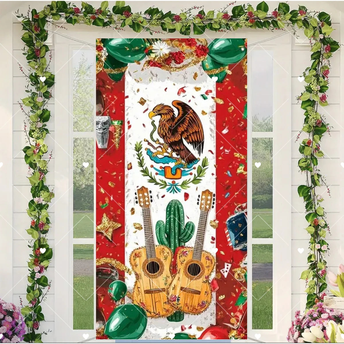 Viva Mexico door cover featuring an eagle, Mexican flag elements, and floral greenery design.