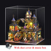 A detailed wooden miniature rail-track city dollhouse kit featuring a large clock tower and various buildings.