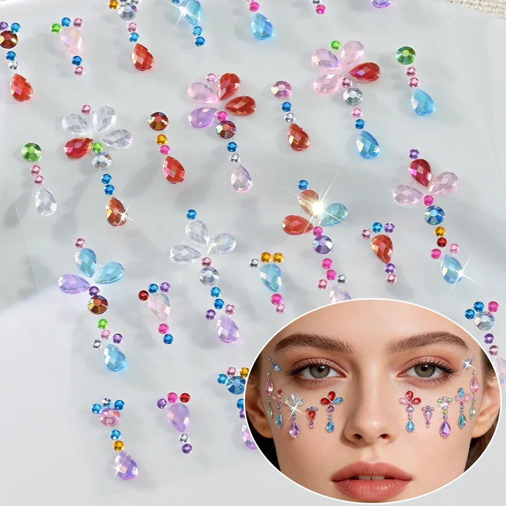 3D Rhinestone Face Stickers with Laser Hearts, Stars & Moons