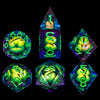 A set of seven sharp edge resin dice in various colors and shapes for role-playing games