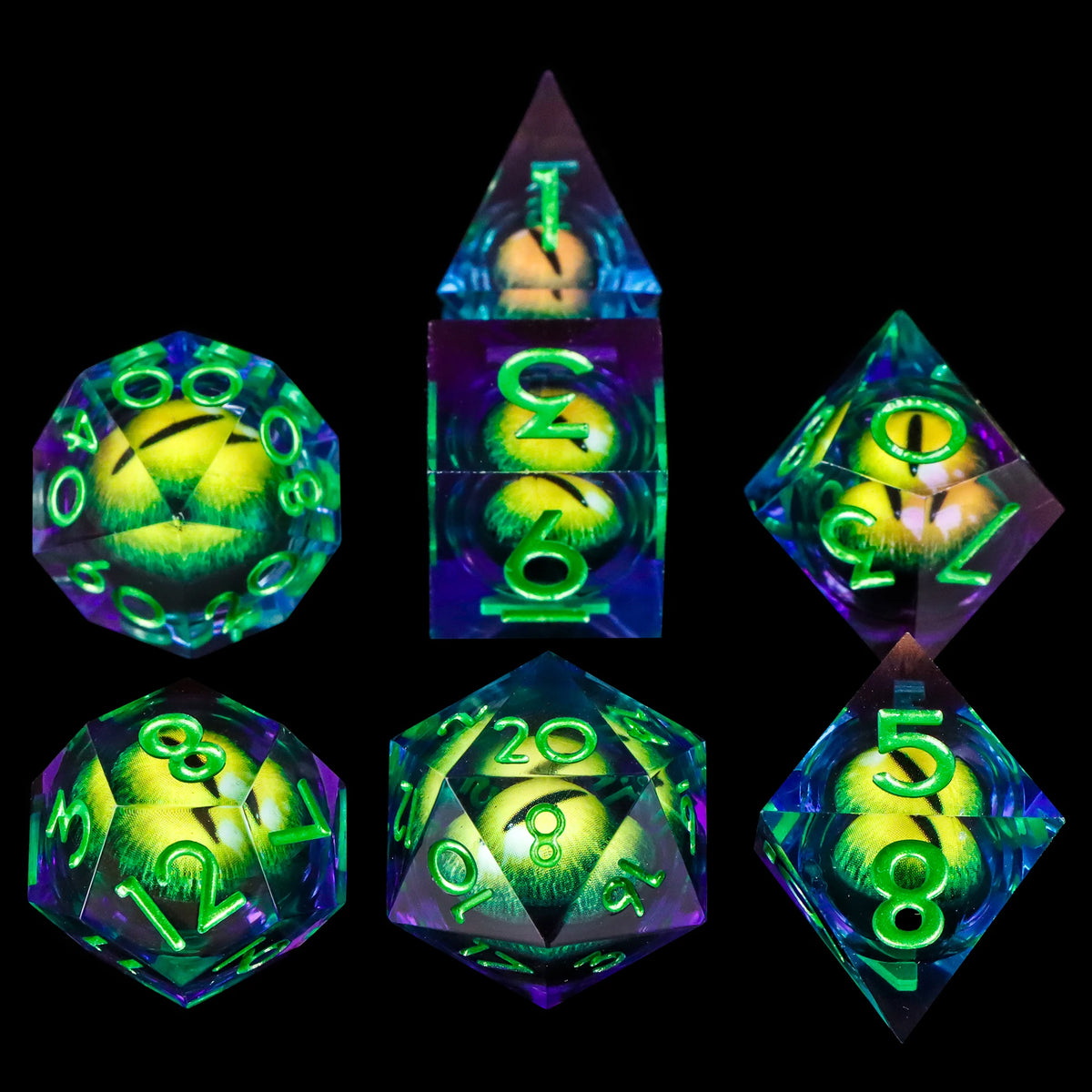 A set of seven sharp edge resin dice in various colors and shapes for role-playing games