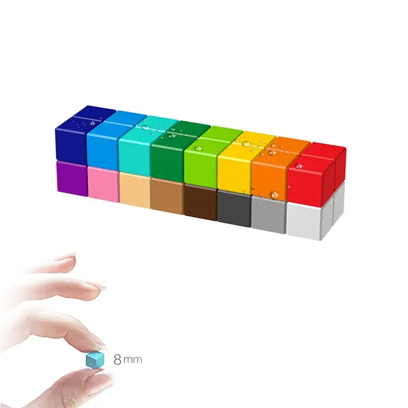 A row of colorful building blocks in various shades of blue, green, yellow, orange, and red.
