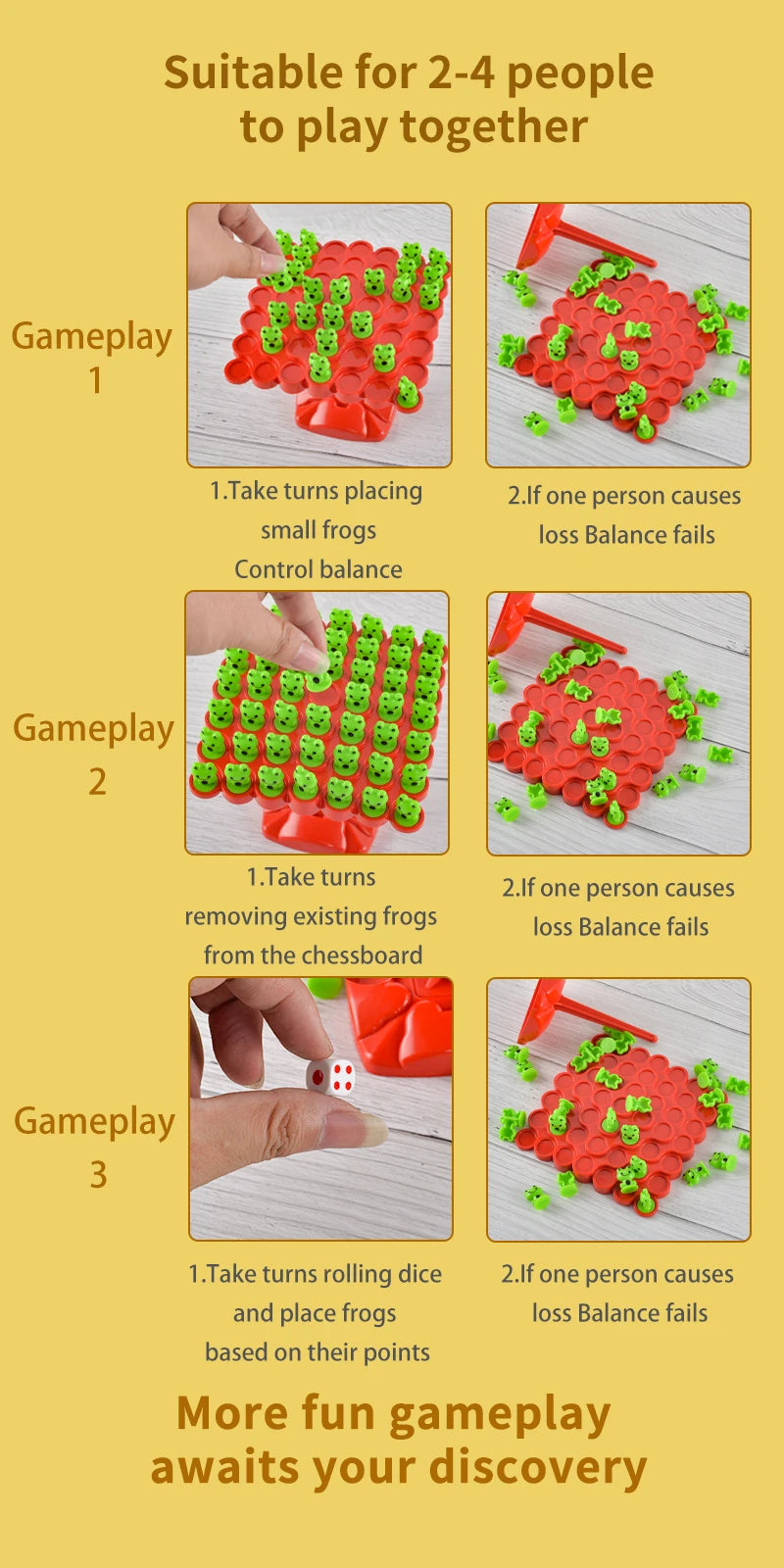 A set of red and green plastic frogs used for a balancing game suitable for 2-4 players.