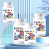Two bottles of Puzzle Glue with purple and orange labels are displayed on a light blue background.