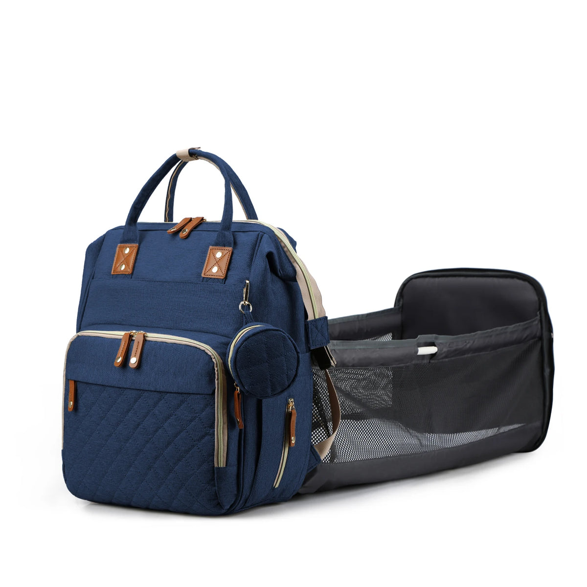 A navy blue diaper backpack with a built-in changing station and multiple pockets.
