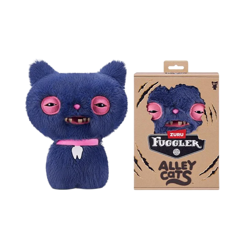 A dark blue plush toy of a cat with pink eyes and a white tooth, displayed next to its packaging.