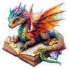 A detailed illustration of a dragon made from puzzle pieces resting on an open book with gold coins and a crystal.