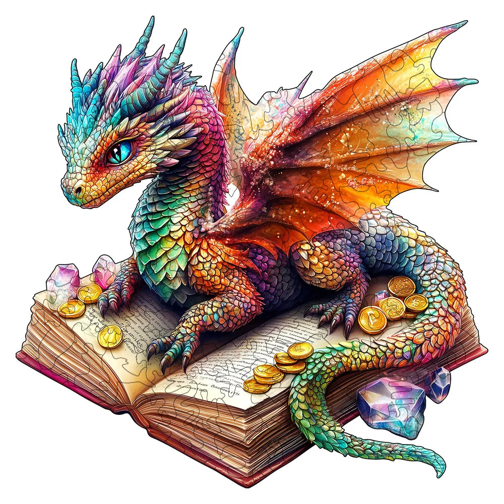 A detailed illustration of a dragon made from puzzle pieces resting on an open book with gold coins and a crystal.