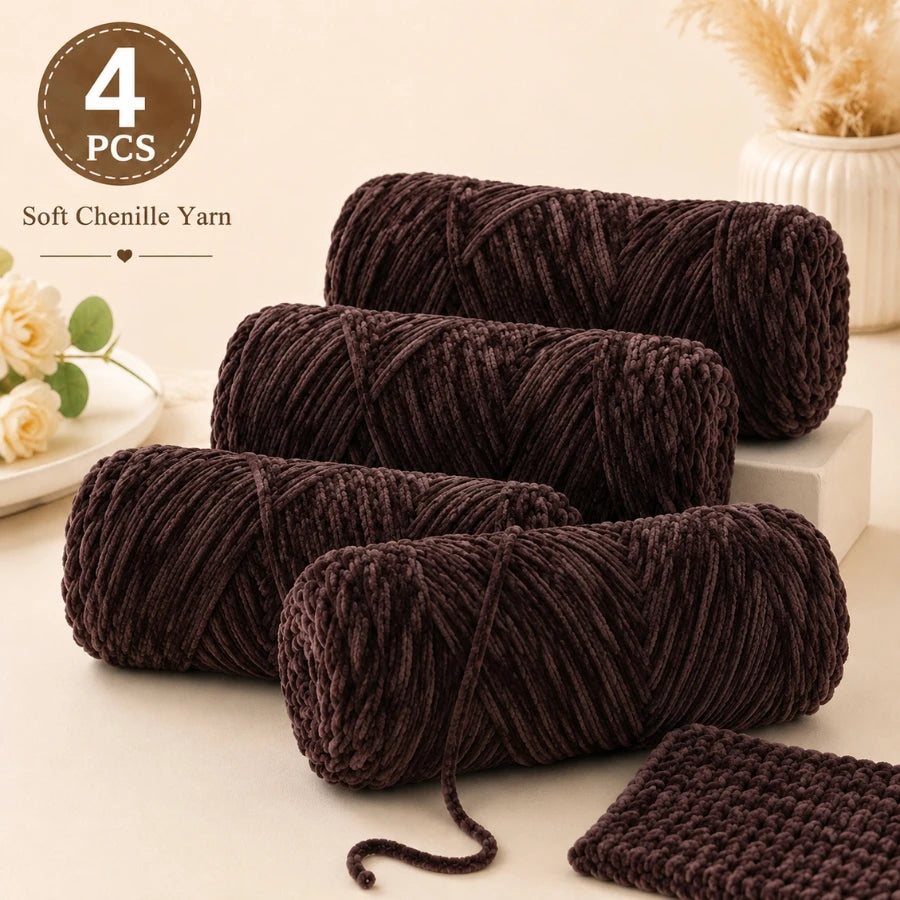 A pack of four dark brown soft chenille yarn skeins for crochet and knitting projects.