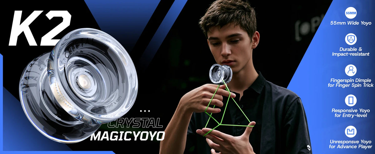 A young man is demonstrating a crystal plastic yo-yo, with various features listed on the side.