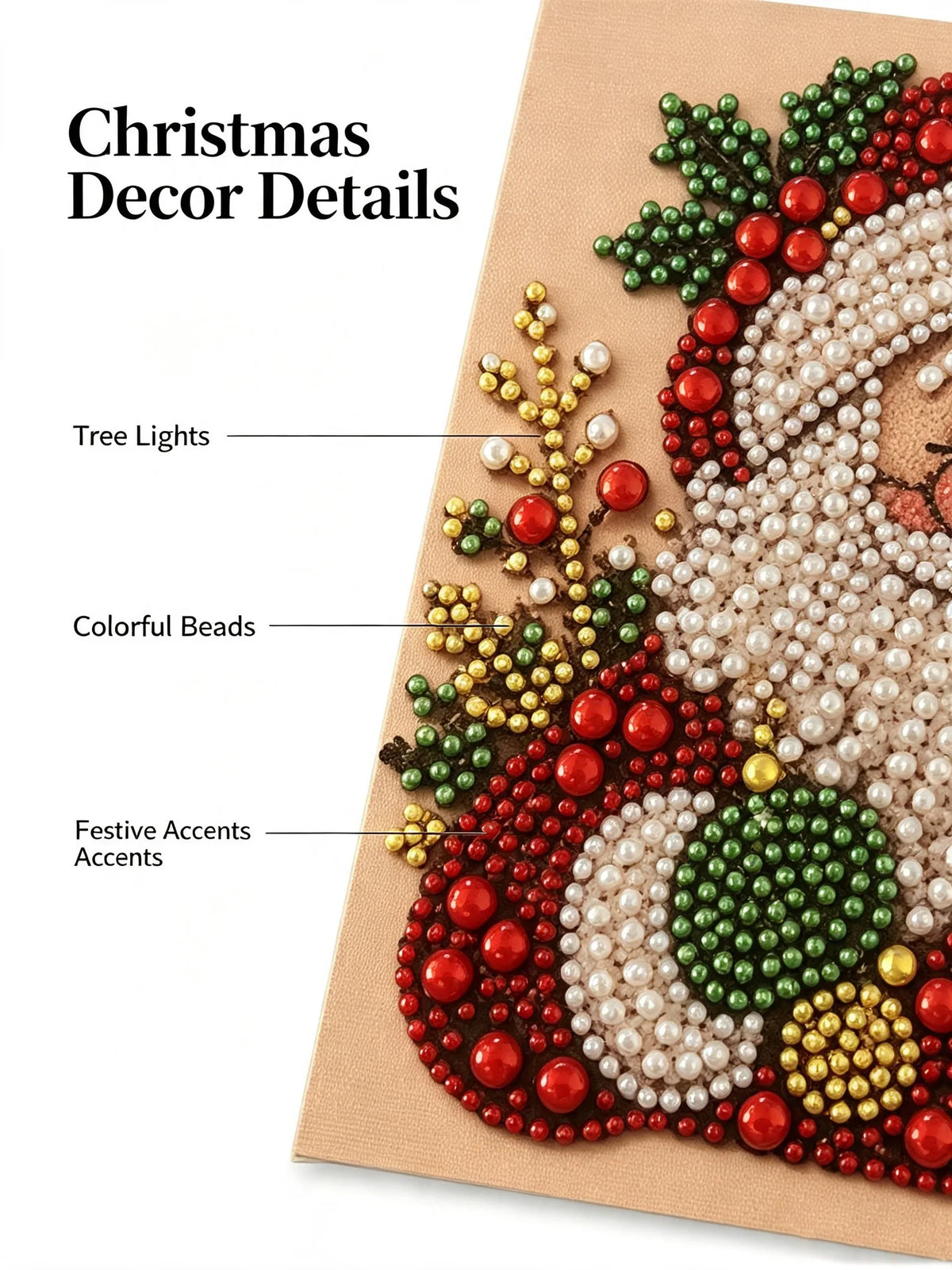 Christmas decor details showing various colored beads and lights arranged in a festive design on a painting frame