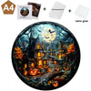 A circular puzzle featuring a dark, spooky forest scene with glowing lights and Halloween elements.