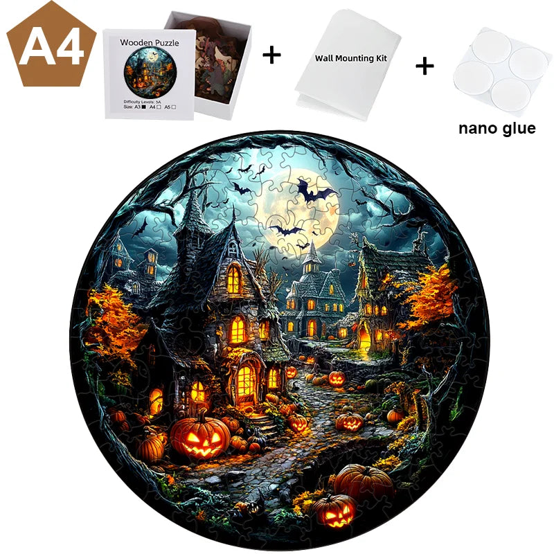 A circular puzzle featuring a dark, spooky forest scene with glowing lights and Halloween elements.