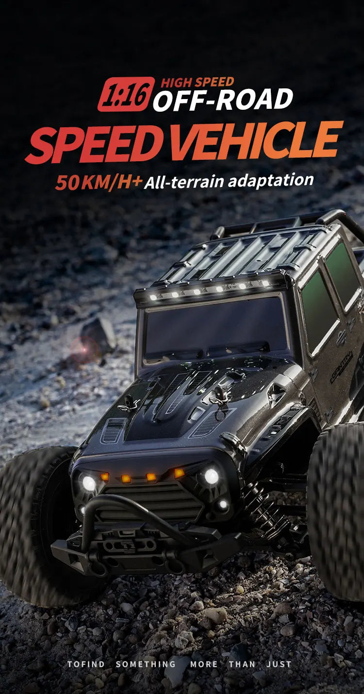 A silver high-speed off-road speed vehicle with large tires and LED lights on a rocky terrain.