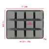 A gray silicone soap mold with 12 square cavities, showing its dimensions and weight.