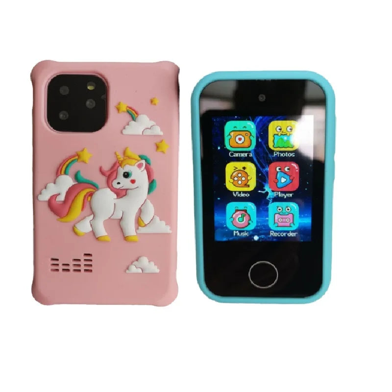 A pink kids smartphone toy with a dual camera and music player interface displayed on the screen.