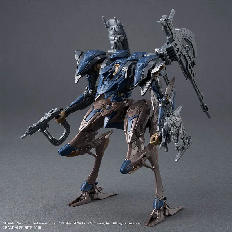 A detailed plastic model kit of the Bandai 30MM Armored Core VI: VP-40S Steel Haze Nightfall Mecha, painted in blue and brown