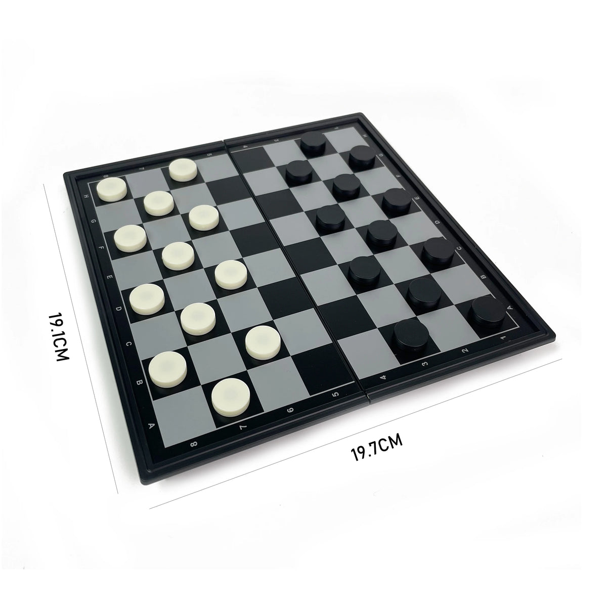 A foldable magnetic checkers board game set with black and white squares and light-colored checkers.