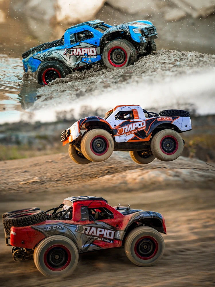 Three RC monster trucks racing across a dirt track in motion