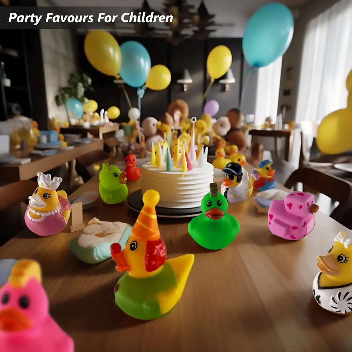 A collection of colorful rubber ducks and balloons for children's party favors on a wooden table.
