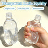 A hand squeezes a clear plastic water bottle squishy toy, demonstrating its soft jelly feel and stress relief.