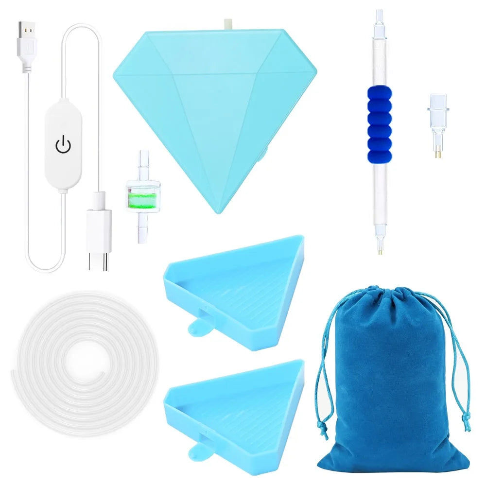 A kit for electric diamond painting featuring a USB suction tool, including a pen, tools, and a blue fabric pouch.