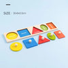 A wooden shape and color sorting puzzle featuring various geometric shapes like square, triangle, ellipse, and circle in diff