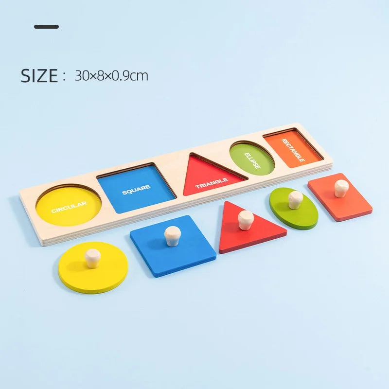 A wooden shape and color sorting puzzle featuring various geometric shapes like square, triangle, ellipse, and circle in diff