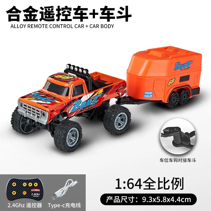 A red and black 1:64 scale alloy remote control monster truck with an orange trailer, showing the car body and trailer compon