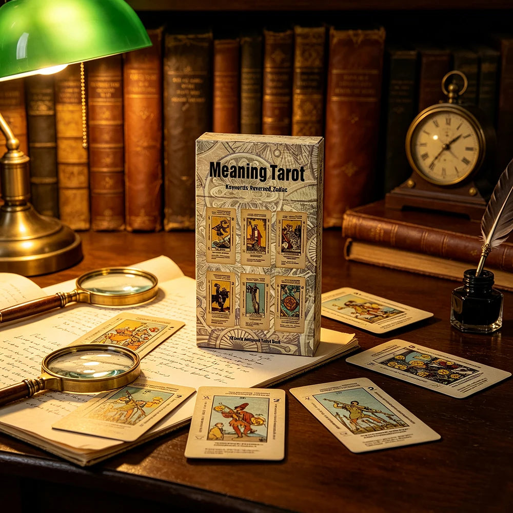 A collection of tarot cards and a magnifying glass are displayed on a wooden table next to a green lamp and old books.