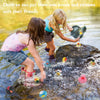 Children are putting a classic yellow rubber duck assortment into ponds and streams with their friends.