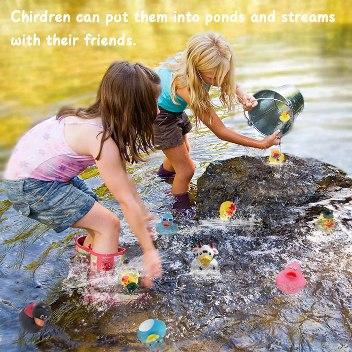 Children are putting a classic yellow rubber duck assortment into ponds and streams with their friends.