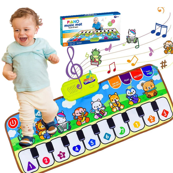 A colorful musical mat with keys and notes is shown next to a baby and a box of piano music mat.