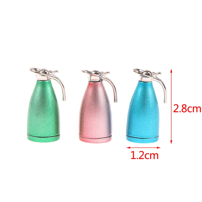 Three miniature alloy kettles in green, pink, and blue for dollhouse kitchen decor.