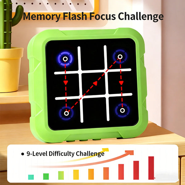 A green electronic game board with glowing dots and lines, used for a memory flash focus challenge.