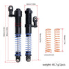 Two adjustable aluminum shock absorbers with black bodies and blue coil springs shown side by side.