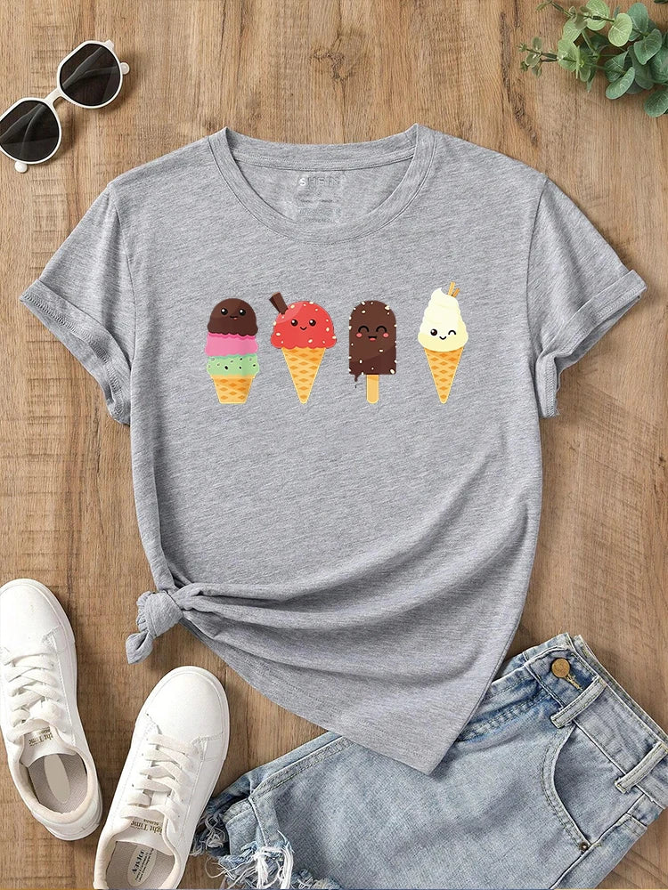 A gray women's t-shirt featuring a graphic print of various ice cream cones.