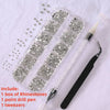 A kit for nail art featuring a box of rhinestones, a point drill pen, and tweezers.