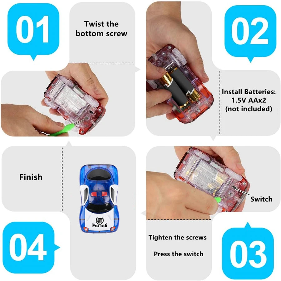 Step-by-step instructions showing how to assemble an LED glowing race car track set with a police jeep toy.